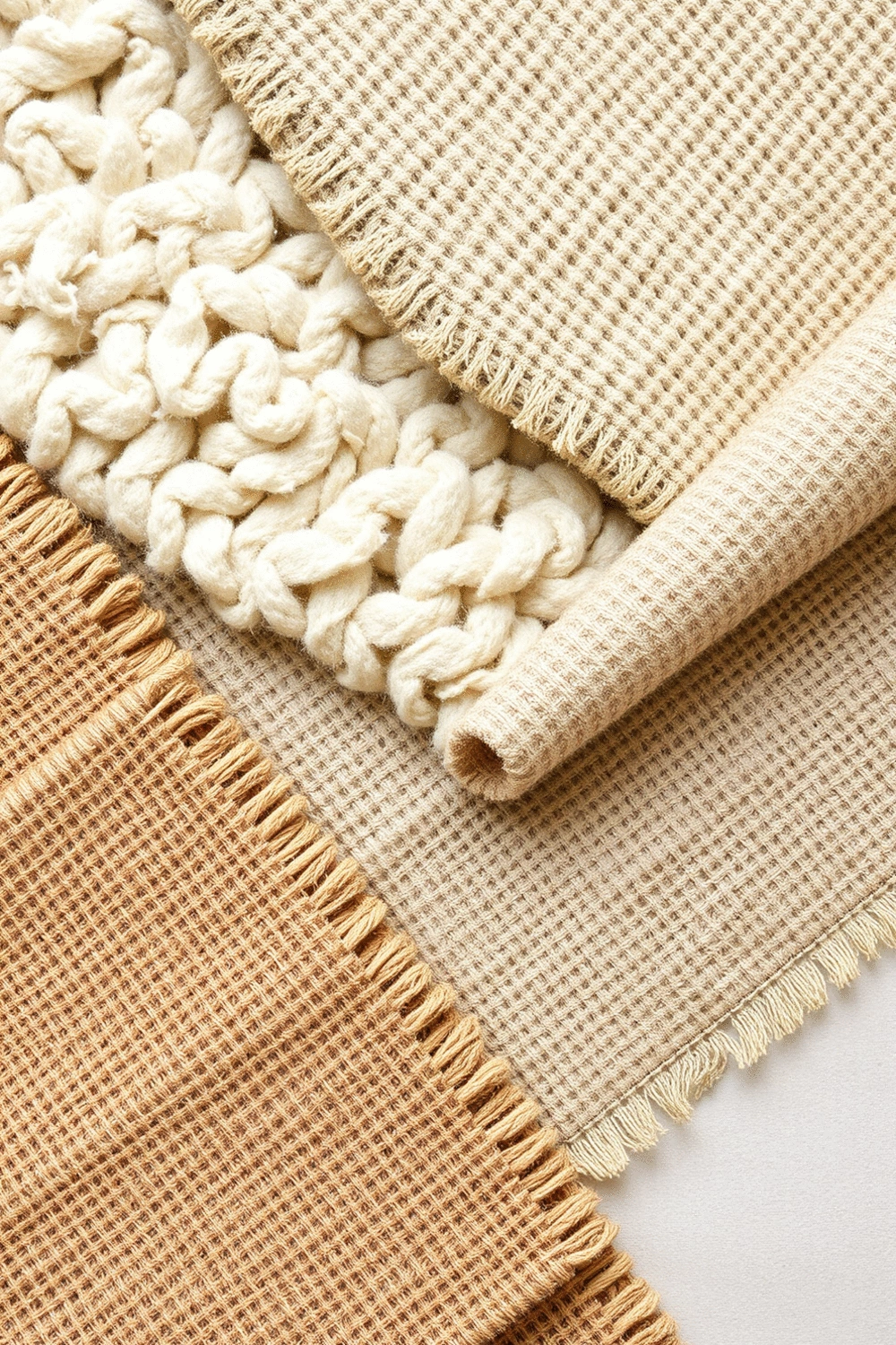Close-up flat lay of various natural fiber rug samples like flatweave wool, seagrass, and jute, showcasing their textures and weaves.