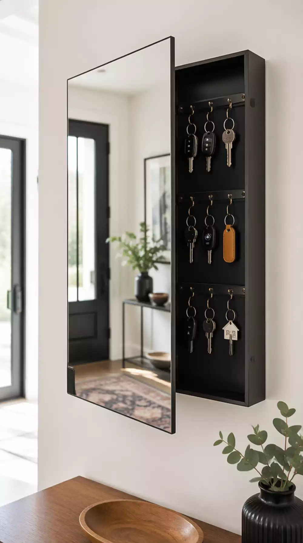 Narrow Entryway Wall-Mounted Key Cabinet with a Mirror Door That Hides Hooks