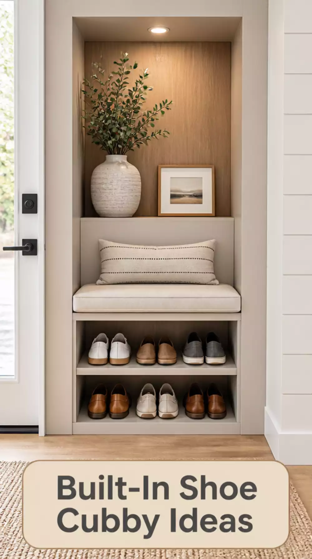 Entryway Built-In Shoe Cubby Alcove with a Door That Closes Completely Flush