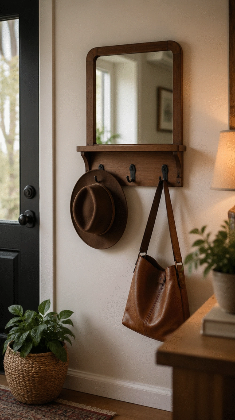 Apartment Entryway Small Mirror and Hook Combo That Fits Under Ten Inches Deep