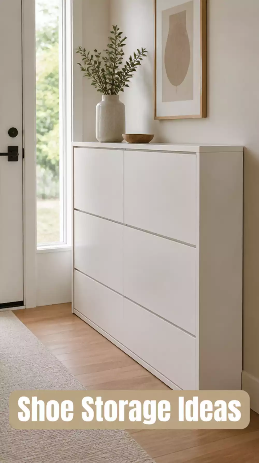Entryway Handleless Shoe Cabinet in Warm White That Hides All Footwear
