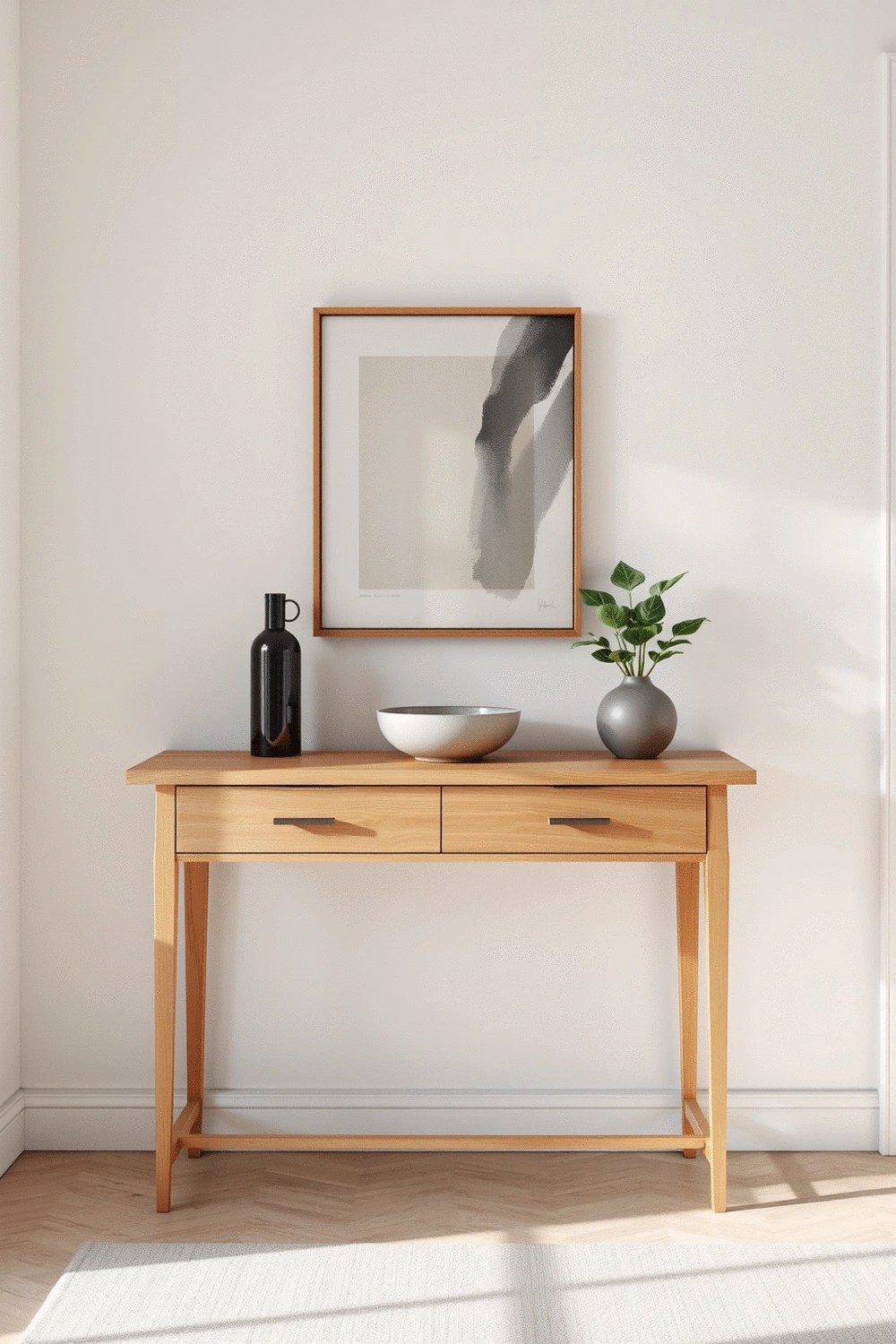 Stylishly organized entryway with a minimalist console table, a decorative bowl for keys, and a small plant, reflecting a welcoming and serene home entrance.