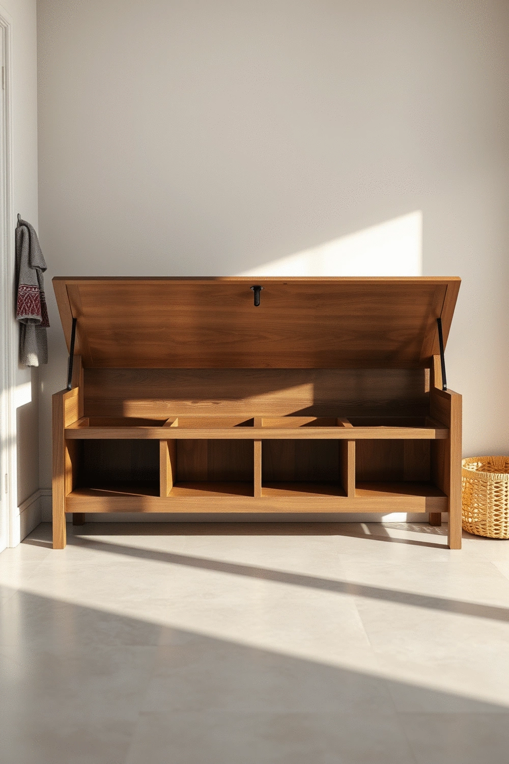 Entryway bench with lift-top storage, showcasing hidden compartments and a cozy aesthetic
