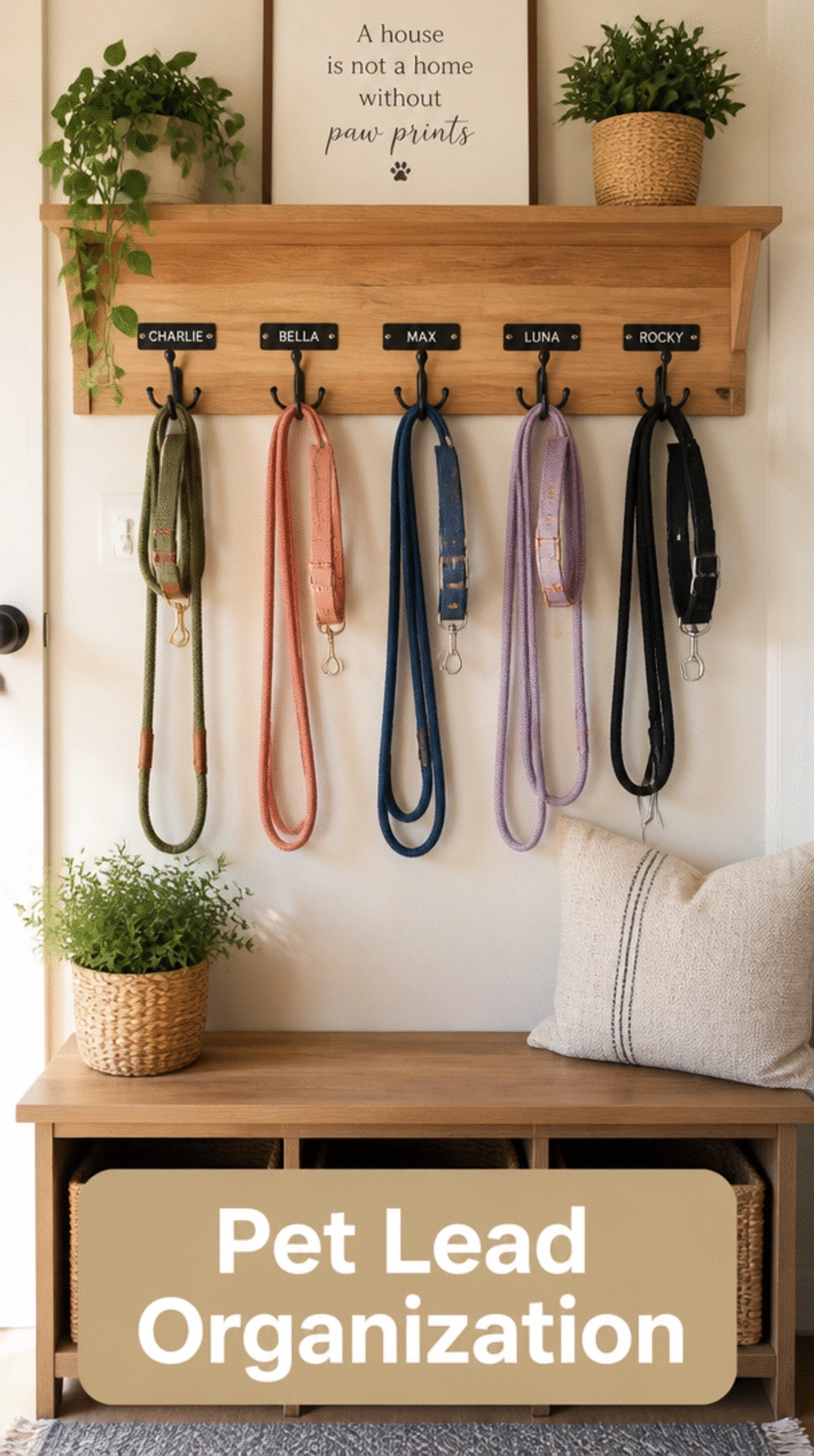 Entryway Wooden Shelf with a Labelled Hook for Each Pet's Lead and Collar