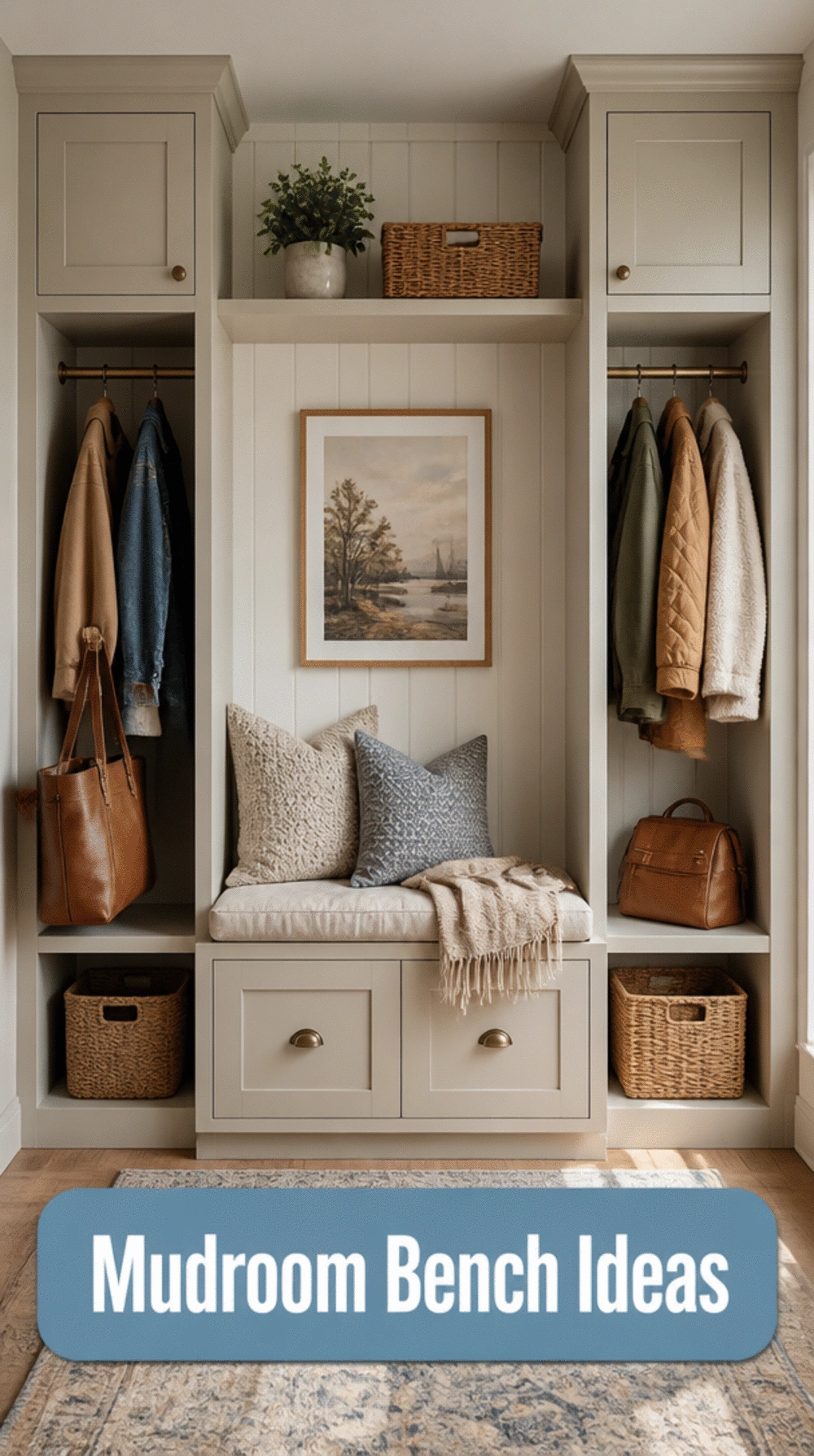 Mudroom Bench with Full-Height Coat Locker Storage on Each Side