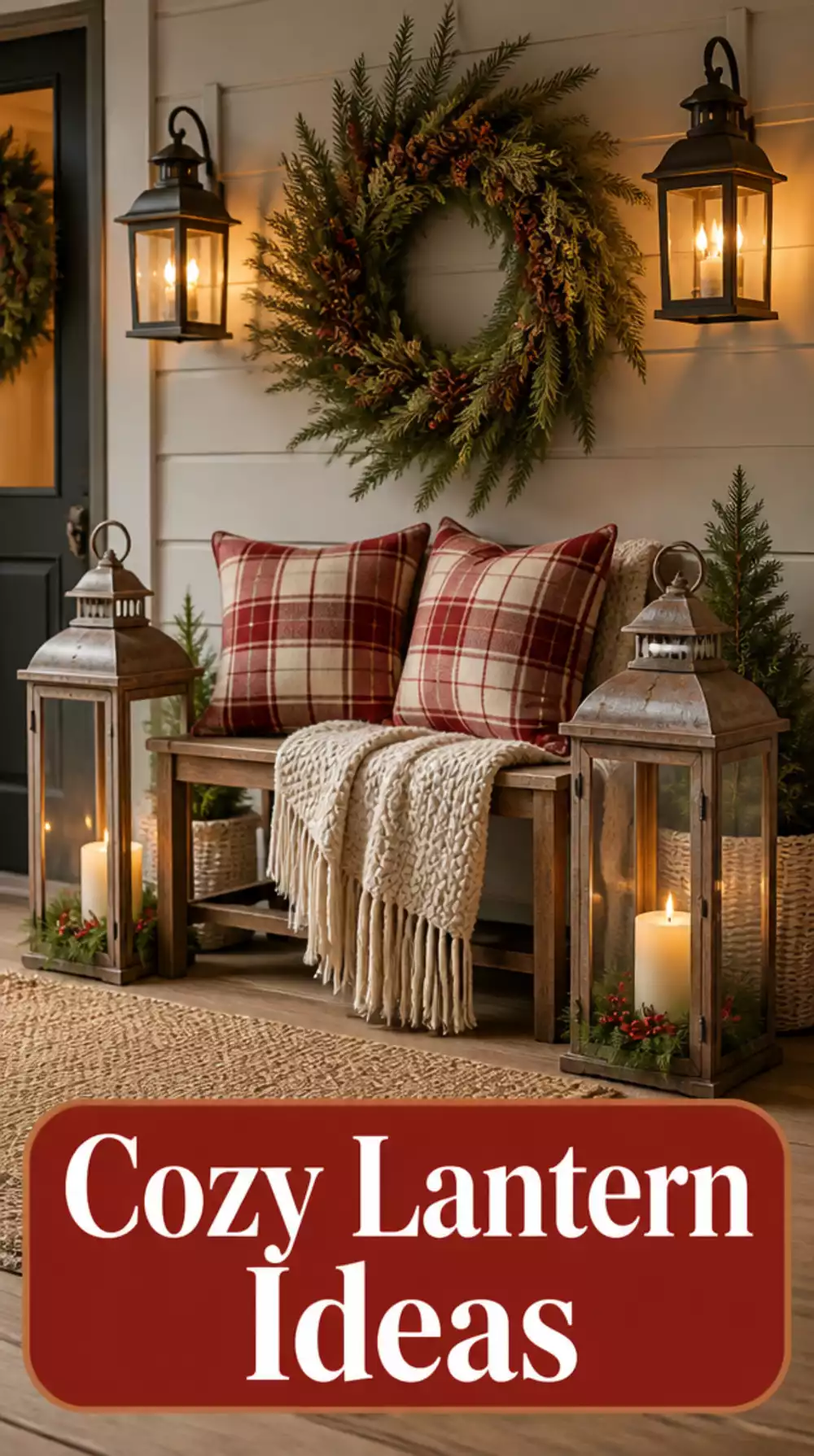 Entryway Lantern Pair on the Floor Flanking a Festive Bench with Plaid Cushions