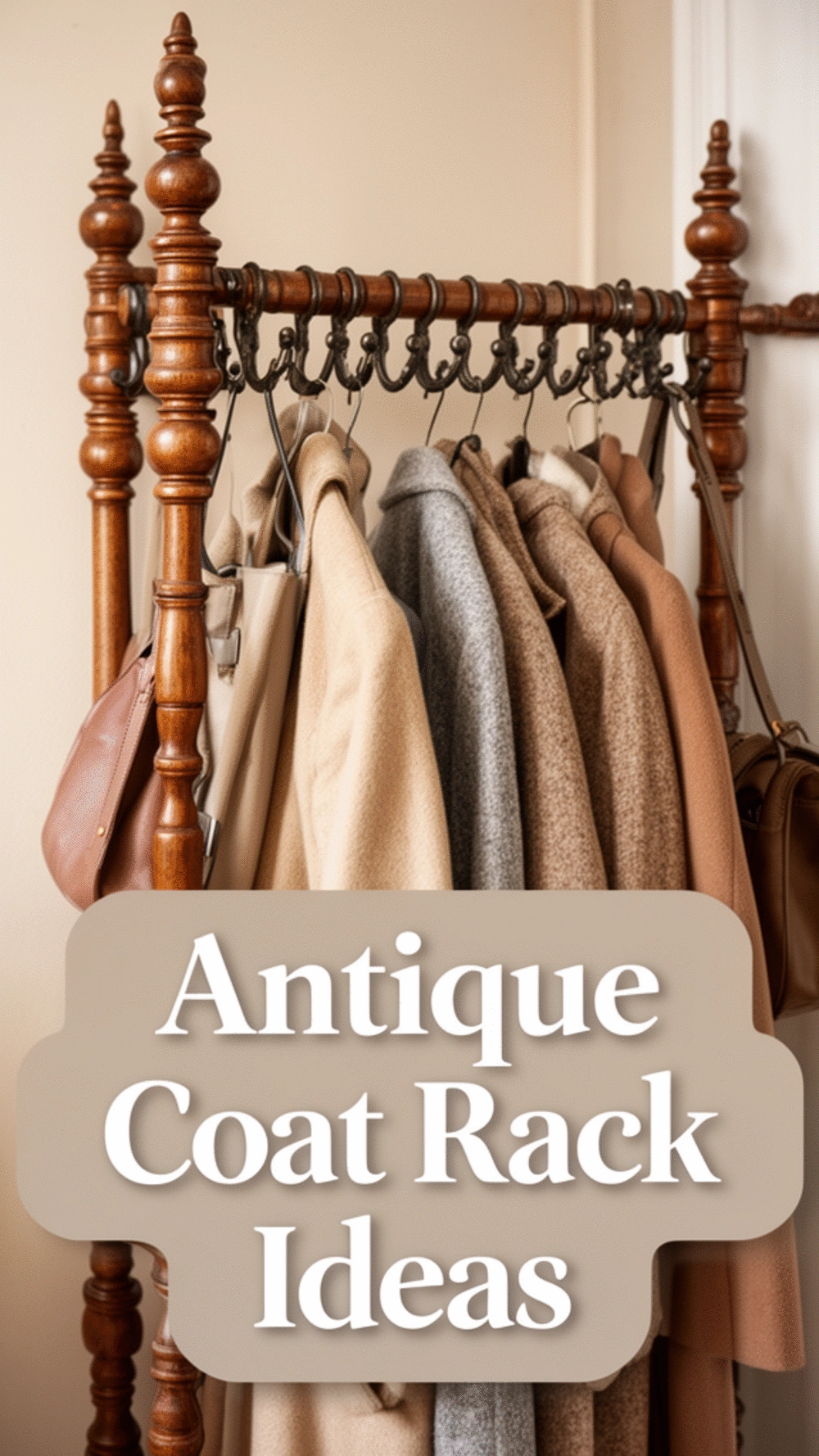 Entryway Antique-Style Coat Rack with Turned Wood Posts and Cast Iron Hooks
