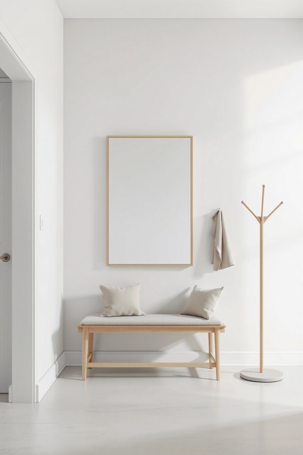 Empty entryway with a large rectangular mirror, a wooden bench with soft cushions, and a minimalist coat rack, creating a calm and inviting atmosphere