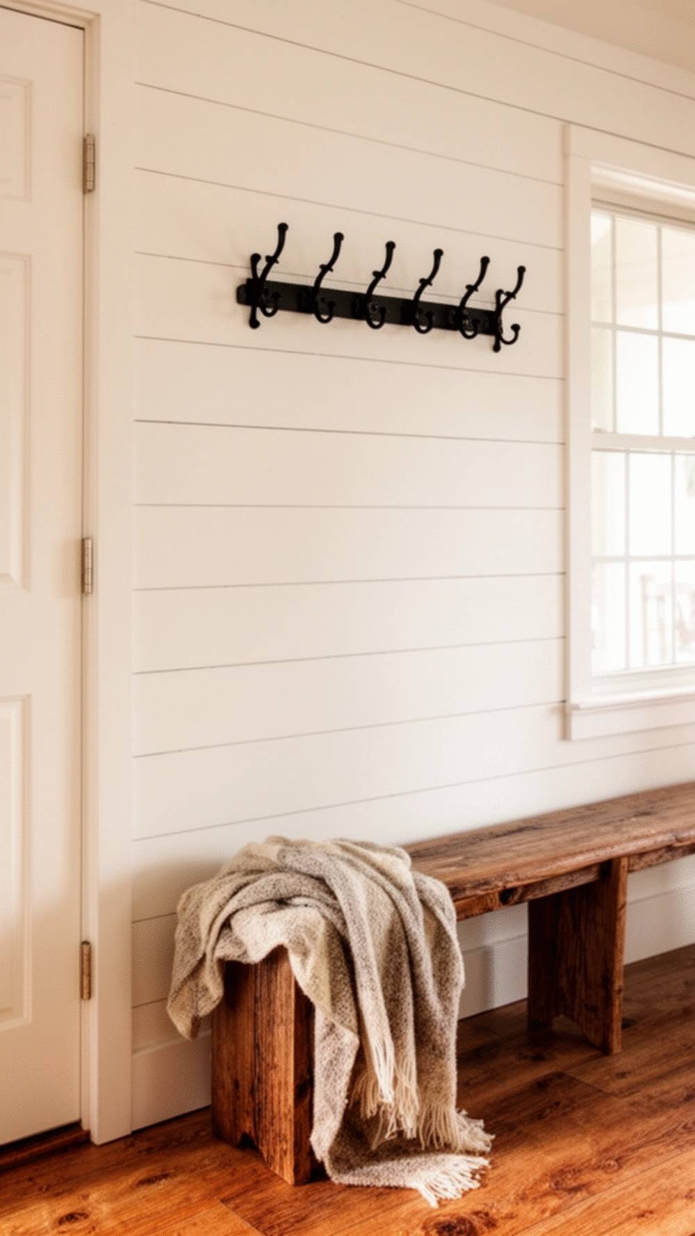 Farmhouse Entryway Shiplap Wall with a Wooden Bench and Black Iron Hooks